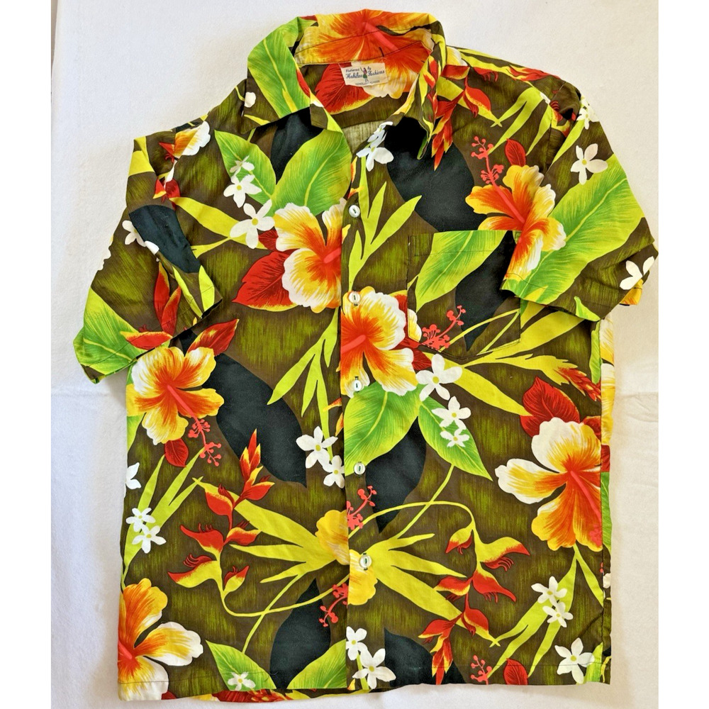 Vintage Hukilau Fashions Hawaiian shirt 46" chest XL floral black green EUC